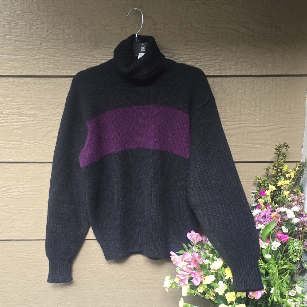 Polo Ralph Lauren Men’s Cashmere Color Block Turtleneck Sweater Black Purple M - Picture 1 of 6